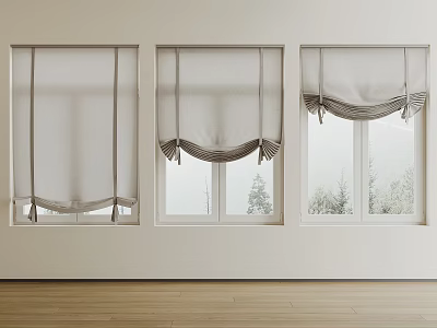 Roman Shades Adorn Windows In Minimalist Bright Interior With Natural View 3d model
