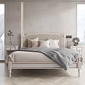 Minimalist Double Bed With Woven Headboard Bedside Tables Table Lamps Decorative Pillows And Striped Blanket