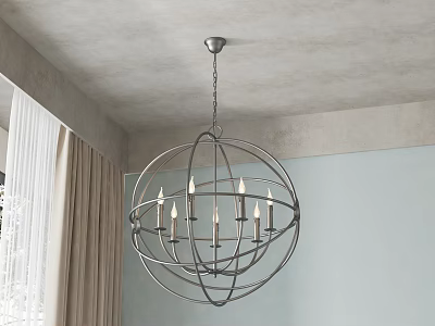 Modern Spherical Metal Chandelier With Candle Style Lights On Gray Ceiling 3d model