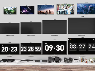 Different Sizes TV Screens With Digital Clocks And Audio Equipment 3d model