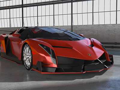 Red Sleek Sports Car With Black Roof And Large Wheels In Indoor Garage 3d model