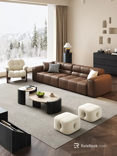 Modern Living Room Interior With Brown Leather Sofa White Armchair And Snowy Window View 3d model 