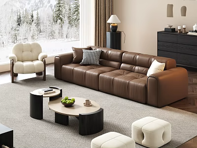 Modern Living Room Interior With Brown Leather Sofa White Armchair And Snowy Window View 3d model
