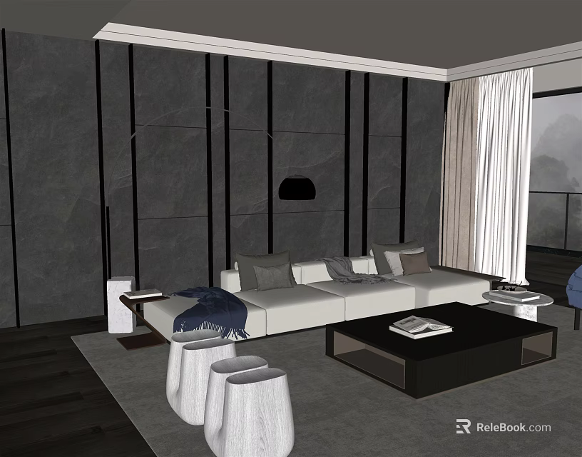 Modern Sofa And Coffee Table Set With Dark Paneled Wall White Curtains And Cushions 3d model 