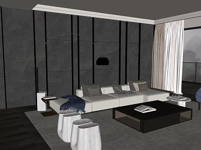 Modern Sofa And Coffee Table Set With Dark Paneled Wall White Curtains And Cushions 3d model
