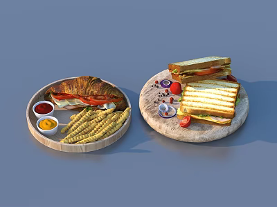 Wooden Plates With Croissant Sandwich Baby Corn Sauces And Stacked Sandwiches With Tomato Onion 3d model