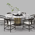 Modern Round Dining Table Set With Marble Top Gold Base And White Cushioned Chairs 3d model