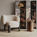 Beige Velvet Single Seater Sofa With Black Legs And Wooden Side Table Near Patterned Screen