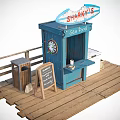 Sharkys Seafood Stand With Blue Kiosk Wooden Platform And Blackboard Menu