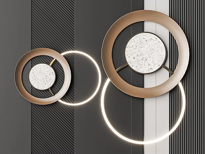 Modern Circular Wall Lamps With Metallic Frames And Illuminated Rings On Striped Dark Wall 3d model