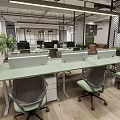 Public Office Space Featuring Long Desks With Computers Green Chairs Large Plant And Wooden Flooring