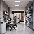 Modern Public Office Space With Desks Office Chairs Green Plants And Bookshelves