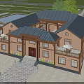 Traditional Chinese Detached Villa With Yellow Exterior Dark Roof Red Door Balcony And Green Garden