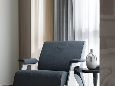 Modern Gray Single Sofa With Fabric Upholstery And Side Table Vase In Natural Light Room 3d model