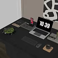 Modern Workspace Desk With Laptop Keyboard Mouse Smartphone Potted Plant And Abstract Art