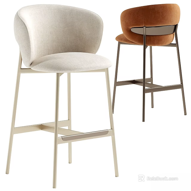 Stylish Modern Beige And Orange Upholstered Bar Stools With Metal Frames 3d model