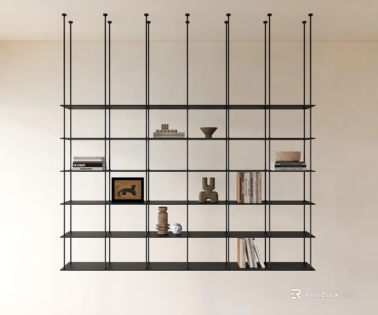 Modern Open Bookcase Design With Metal Frame And Decorative Items 3d model 
