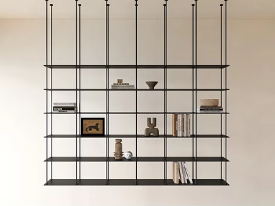 Modern Open Bookcase Design With Metal Frame And Decorative Items 3d model