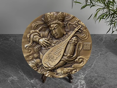 Golden Circular Carved Ornament Set With Pipa Playing Figure And Stand Base 3d model