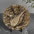 Golden Circular Carved Ornament Set With Pipa Playing Figure And Stand Base