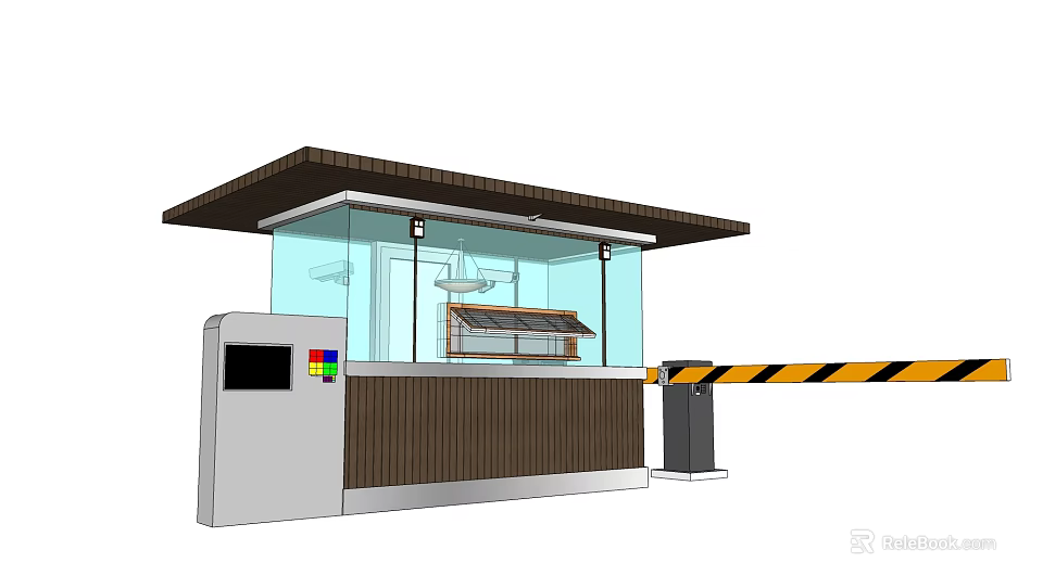 Modern Security Booth With Glass Walls Wooden Panels Barrier Gate And Control Panel Colorful Buttons 3d model 