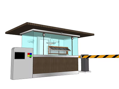 Modern Security Booth With Glass Walls Wooden Panels Barrier Gate And Control Panel Colorful Buttons 3d model