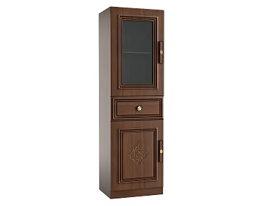 Brown Wooden Storage Cabinet With Glass Door Drawer And Carved Patterned Door 3d model