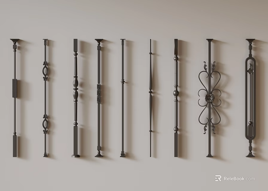 Various Iron Baluster Designs Including Ornate And Simple Styles On 3d model 