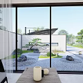 Karesansui Garden In Modern Courtyard With Stone Pathway Small Ponds Green Plants And Lighting