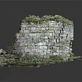 Old Broken Gray Brick Wall Ruins With Naturally Growing Moss And Scattered Stones