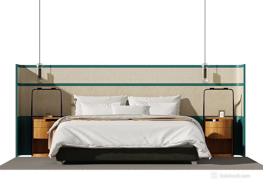 Modern Double Bed With Green Beige Headboard Bedside Tables Lamps And White Sheets 3d model 