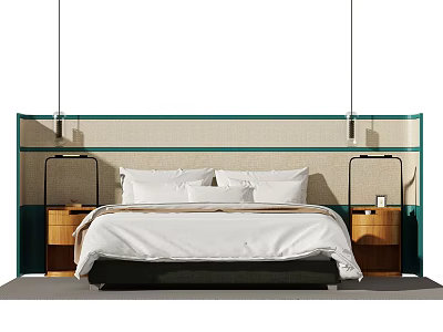 Modern Double Bed With Green Beige Headboard Bedside Tables Lamps And White Sheets 3d model