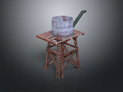 Rusty Metal Bucket Placed On Old Weathered Metal Stand With Ladder 3d model