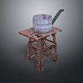 Rusty Metal Bucket Placed On Old Weathered Metal Stand With Ladder