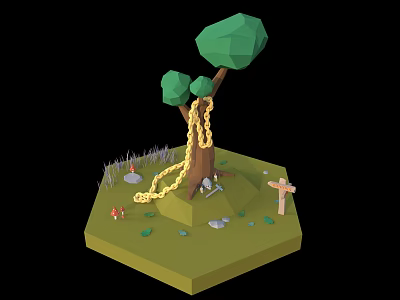 Cartoon Low Poly Scene With Hexagonal Green Platform Tree Golden Chain Stones Mushrooms And Cross 3d model