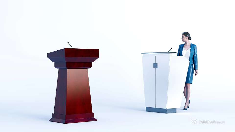 Functional Lectern Desks Dark Brown Wooden And White With A Woman Standing Beside 3d model 