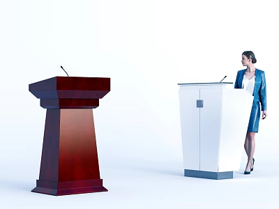 Functional Lectern Desks Dark Brown Wooden And White With A Woman Standing Beside 3d model