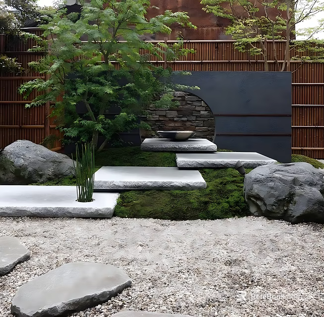 Japanese Garden Landscape With Wooden Fence Green Plants Stone Stepping Path Moss And Large Rocks 3d model 