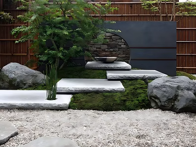Japanese Garden Landscape With Wooden Fence Green Plants Stone Stepping Path Moss And Large Rocks 3d model