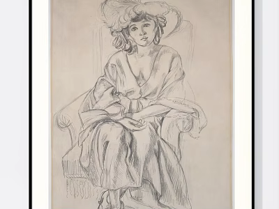 Elegant Seated Woman Portrait Drawing In Robe And Hat Sketch Style 3d model
