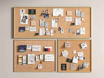 Corkboard Photo Wall With Notes Papers Cards Images And Multiple Boards 3d model