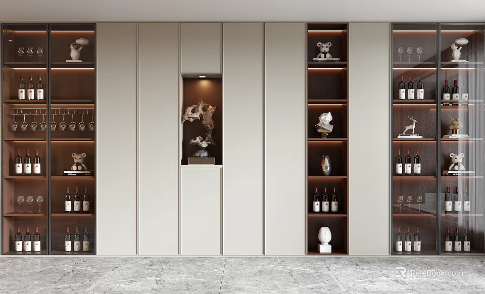 Elegant Modern Wine Cabinet With Display Shelves Holding Wine Bottles Glasses And Decorative Art 3d model 