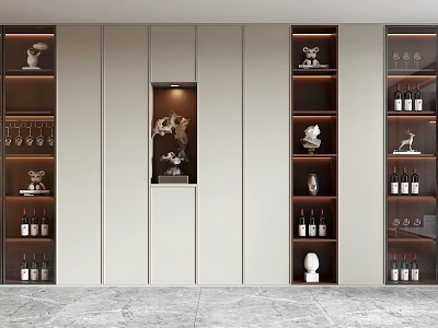 Elegant Modern Wine Cabinet With Display Shelves Holding Wine Bottles Glasses And Decorative Art 3d model
