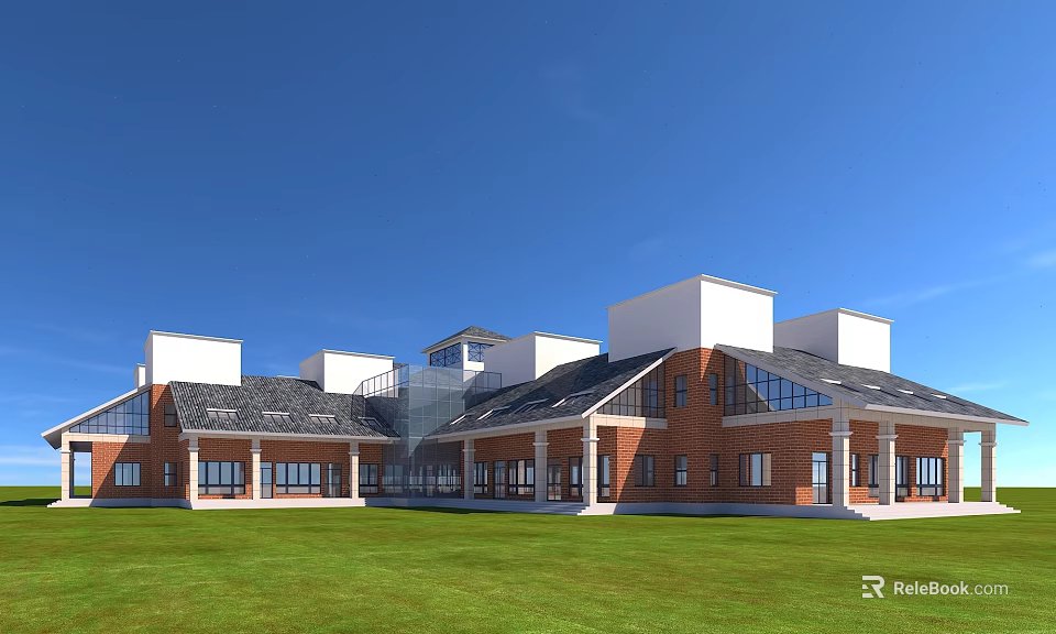 Modern Detached Villa With Red Brick Exterior White Roof Large Windows And Green Lawn 3d model 