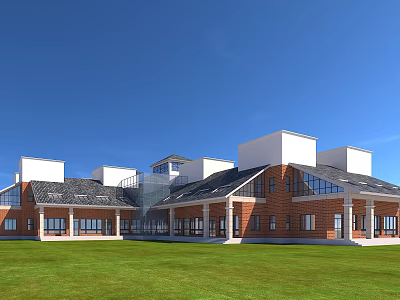 Modern Detached Villa With Red Brick Exterior White Roof Large Windows And Green Lawn 3d model