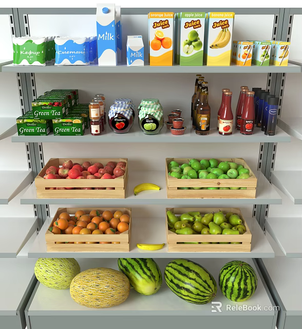 Display Shelves Stocked with Green Tea Beverages and Fresh Fruits in Wooden Crates 3d model 