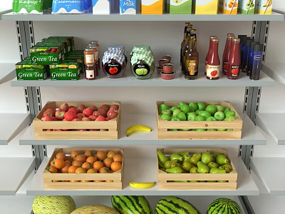Display Shelves Stocked with Green Tea Beverages and Fresh Fruits in Wooden Crates 3d model