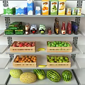 Display Shelves Stocked with Green Tea Beverages and Fresh Fruits in Wooden Crates