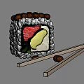 Delicious Sushi Roll Topped with Roe and Filled with Salmon Avocado Green Leaves with Chopsticks