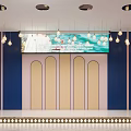 Modern Banquet Hall Featuring Blue Pink Walls Large Decorative Pendant Lights White Chairs And Round Tables